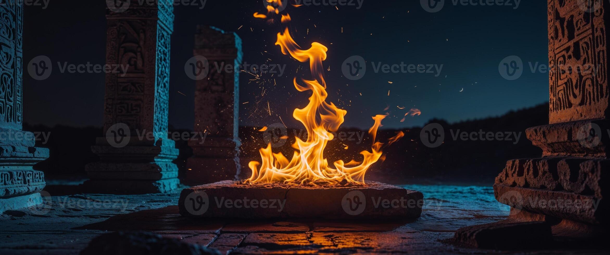 Dramatic Torchlight Illuminating Dark Night Depicting Adventure Ancient Times and Mystical Rituals with Vivid Flames and Intricate Design. photo