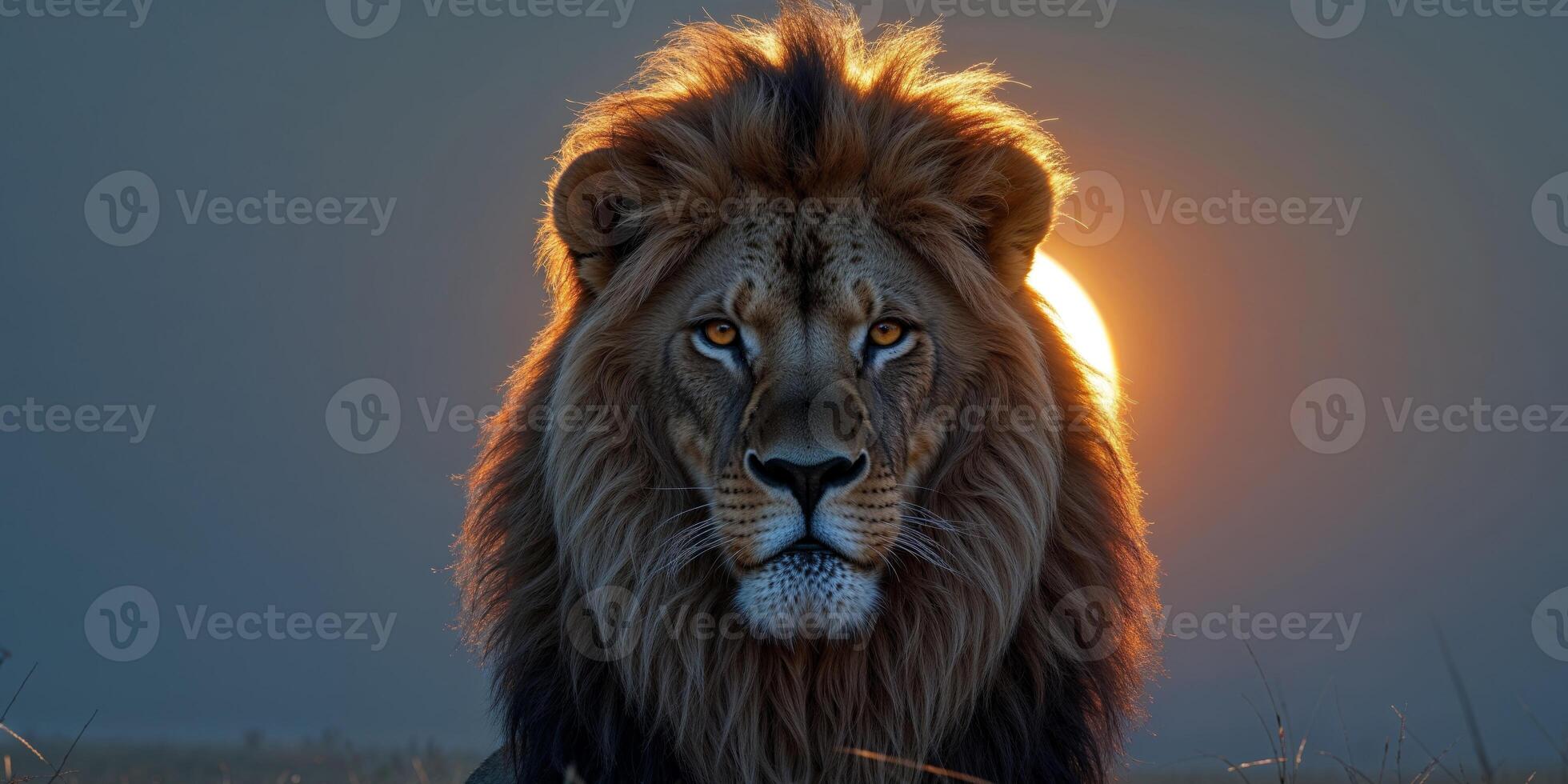 Majestic Lion Illuminated by Golden Sunset Light photo
