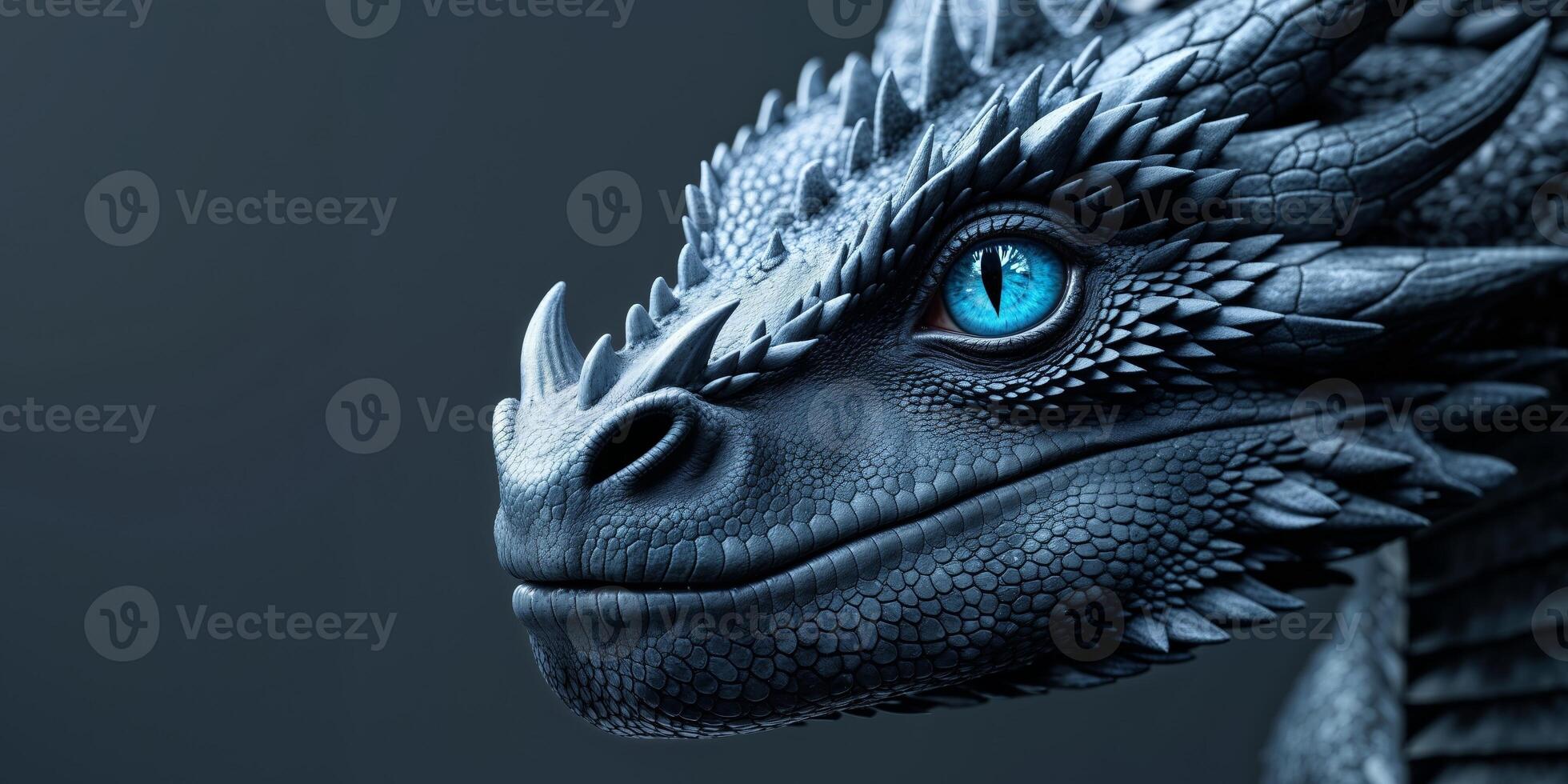 Closeup of a dragon's face with glowing blue eyes photo