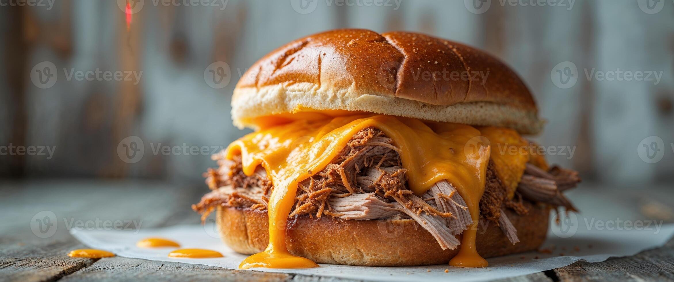 Melted Cheese Pulled Pork Sandwich on Rustic Wooden Background photo
