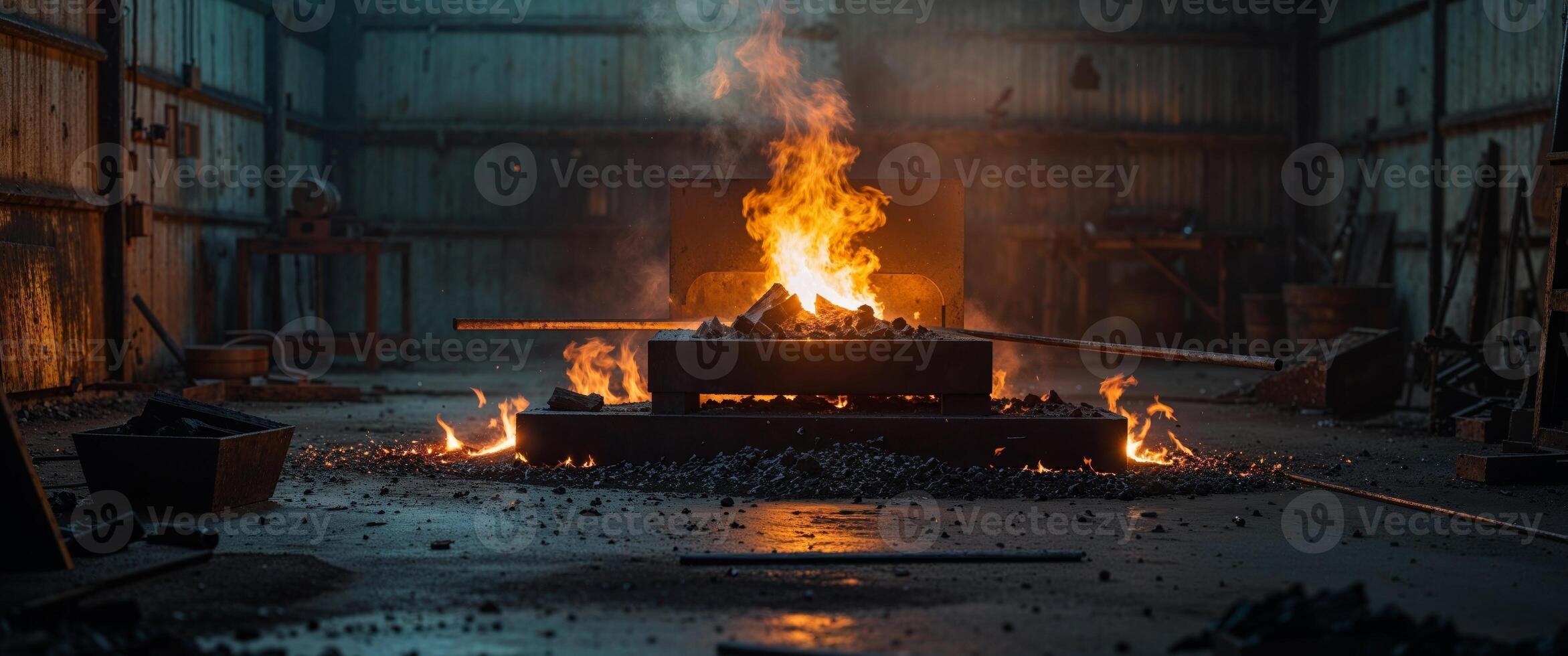 Glowing Forge with Charcoal and Flames in a Metalworking Studio photo