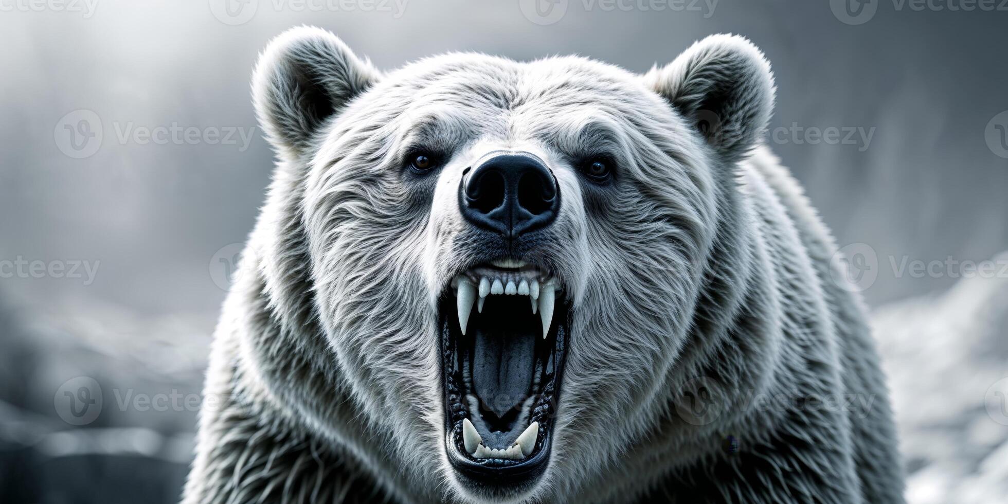 A fierce white bear roaring with aggressive sharp teeth displayed photo