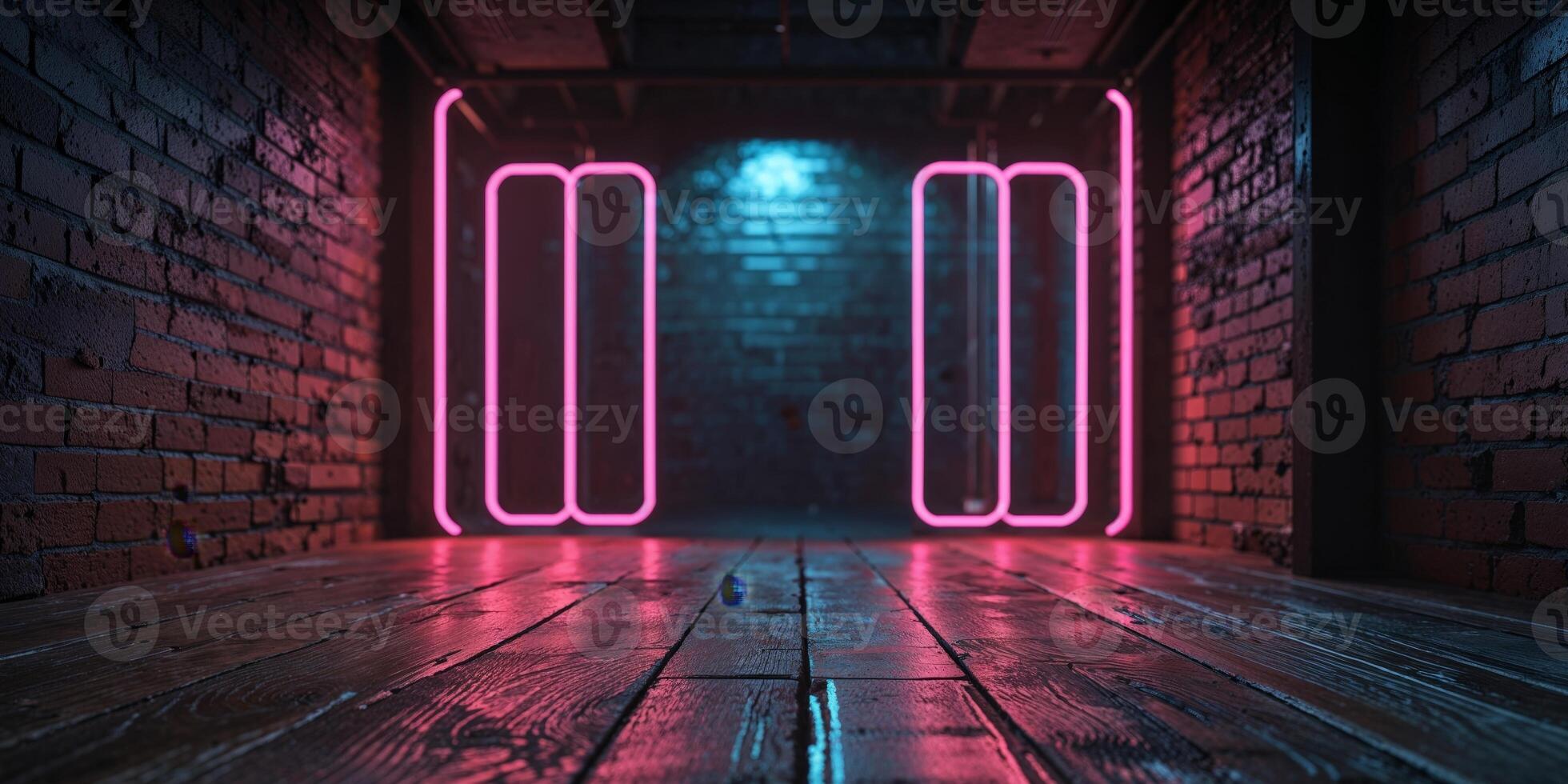 Dark Brick Room with Wooden Floor and Neon Lights photo