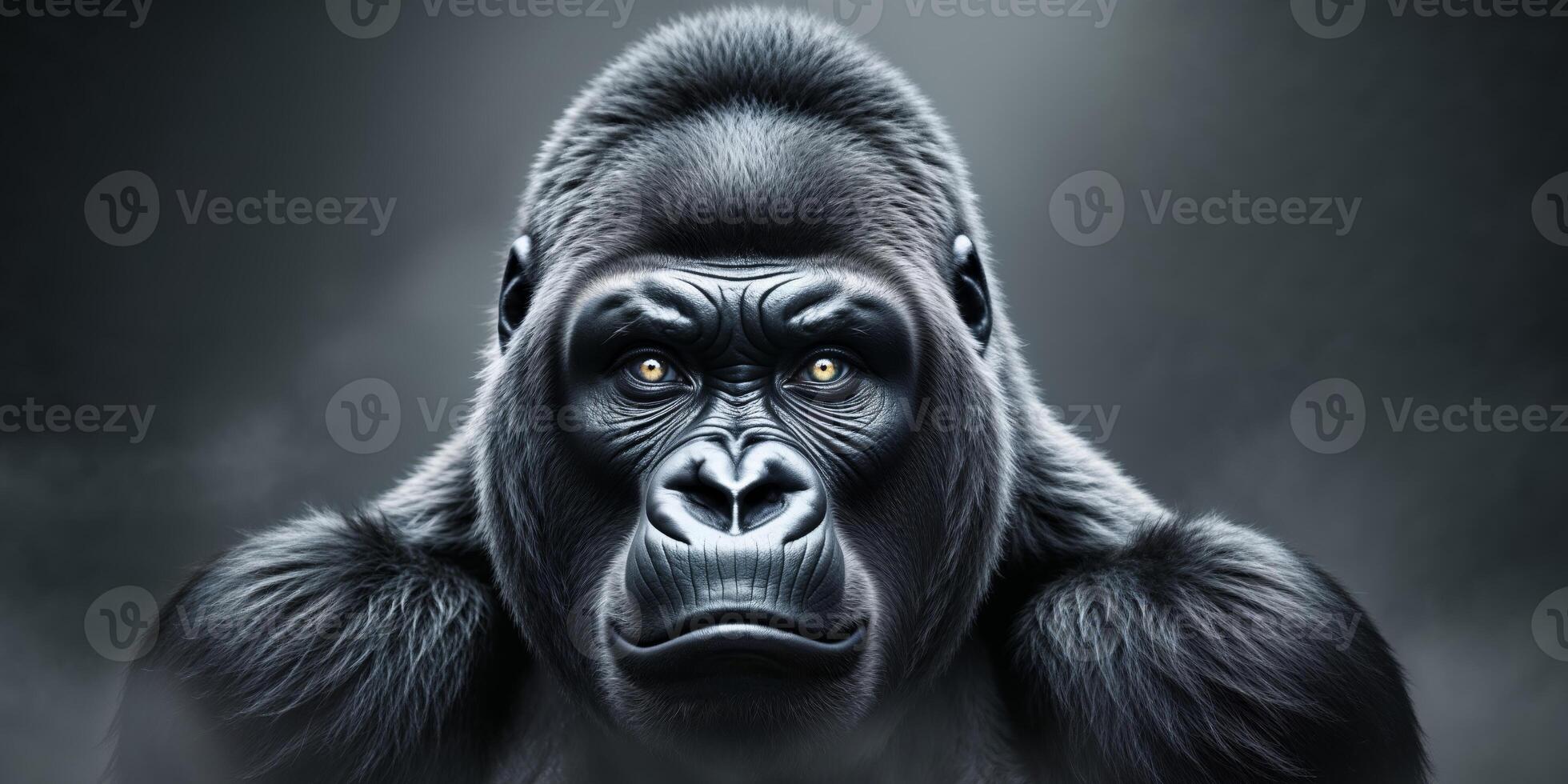 Intense Gaze of a Powerful Gorilla in Shadowy Darkness photo