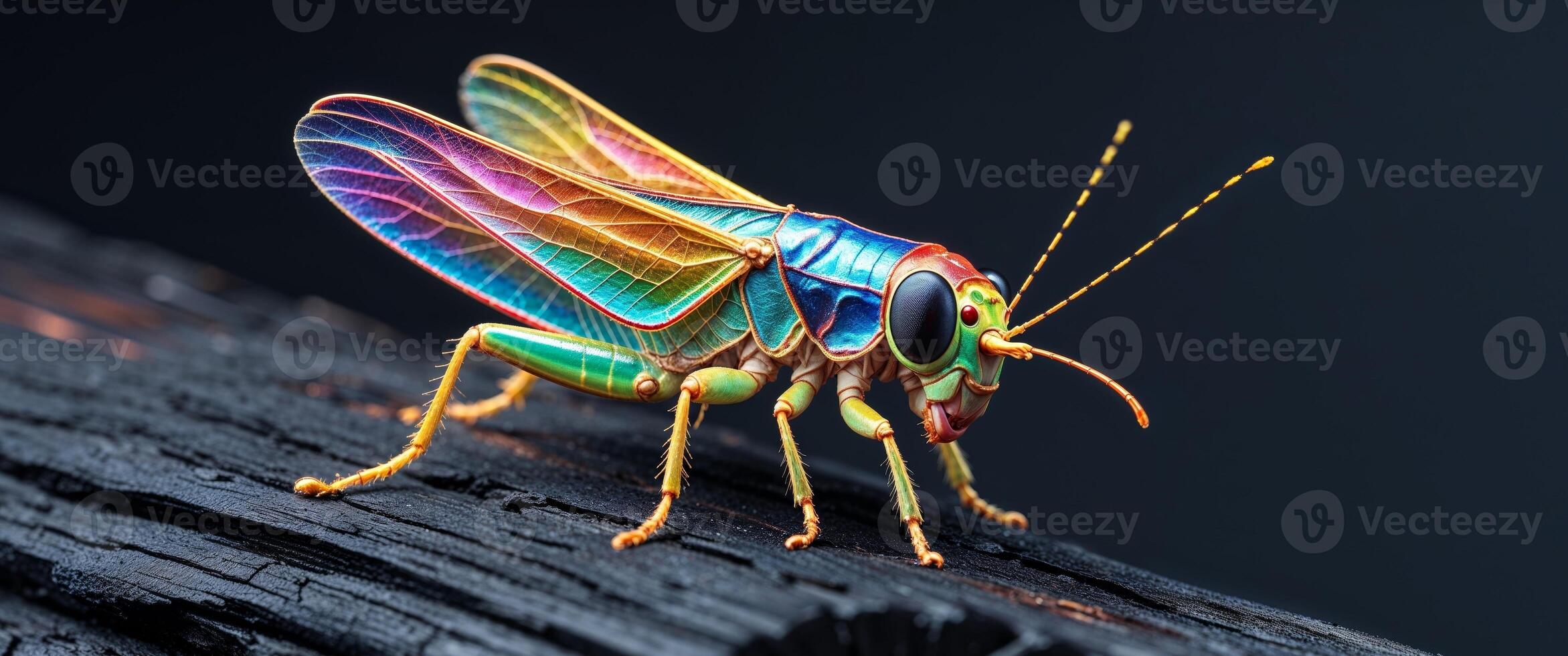 Extreme Macro of a Colorful Leafhopper on Dark Wood. photo