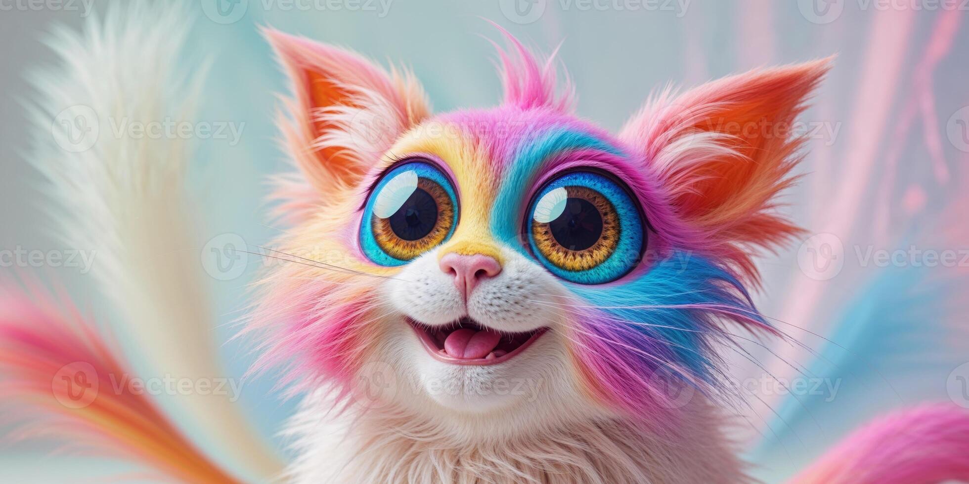 Colorful Furry Creature with Large Expressive Eyes Looking Cheerful in a Whimsical Design. photo