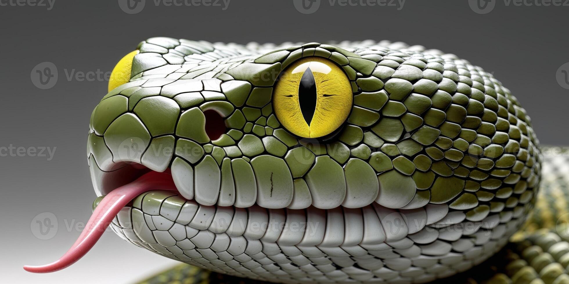 A close up of a snake's face with a large yellow eye photo