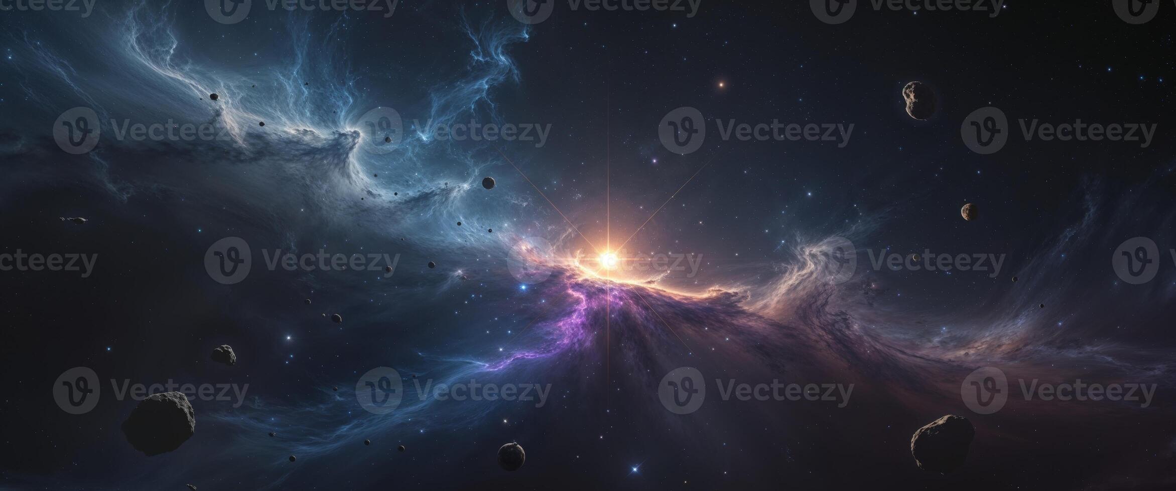 Stunning Nebula Space Art with Asteroids and Bright Star. photo