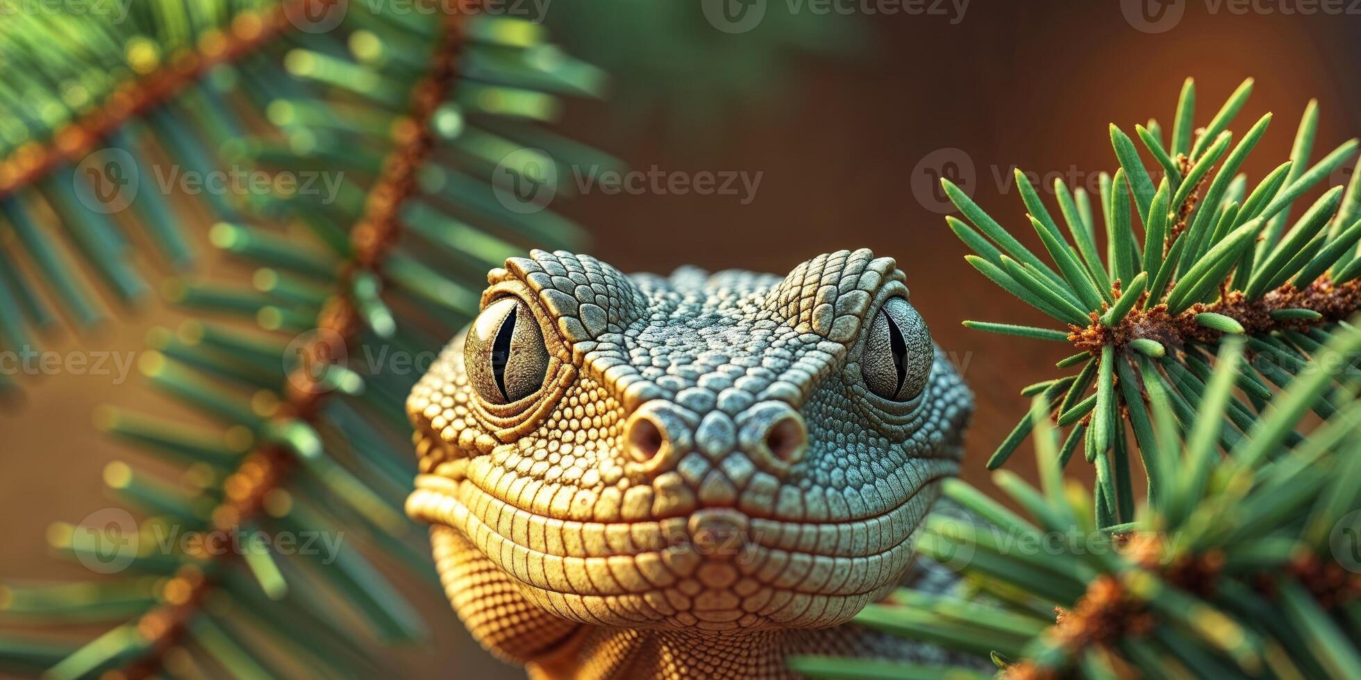 A lizard is looking at the camera in a pine tree photo