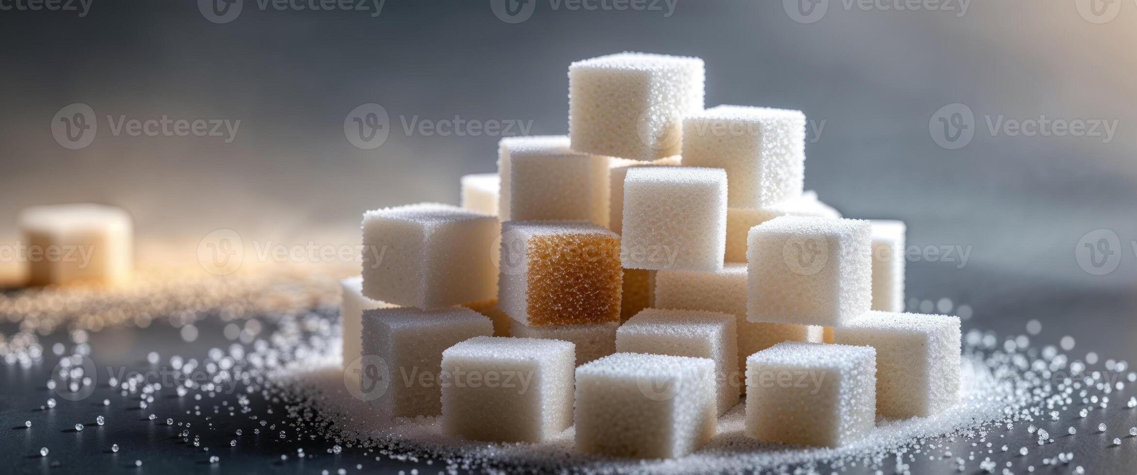 Sweet Sugar Cubes Piled on a Dark Surface with Sugar Granules photo