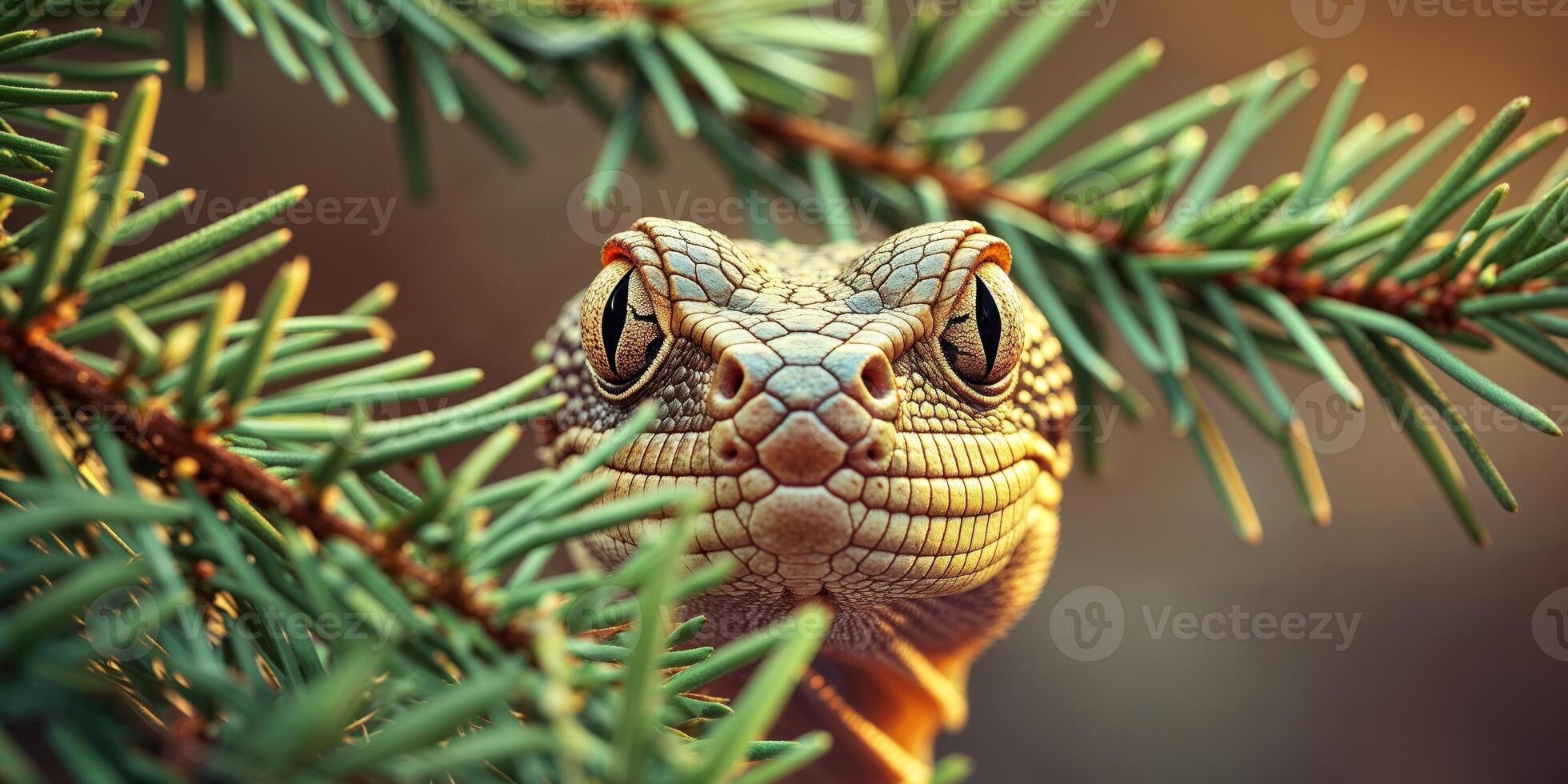 A tight shot of a lizard's face emerging from behind a green pine branch photo
