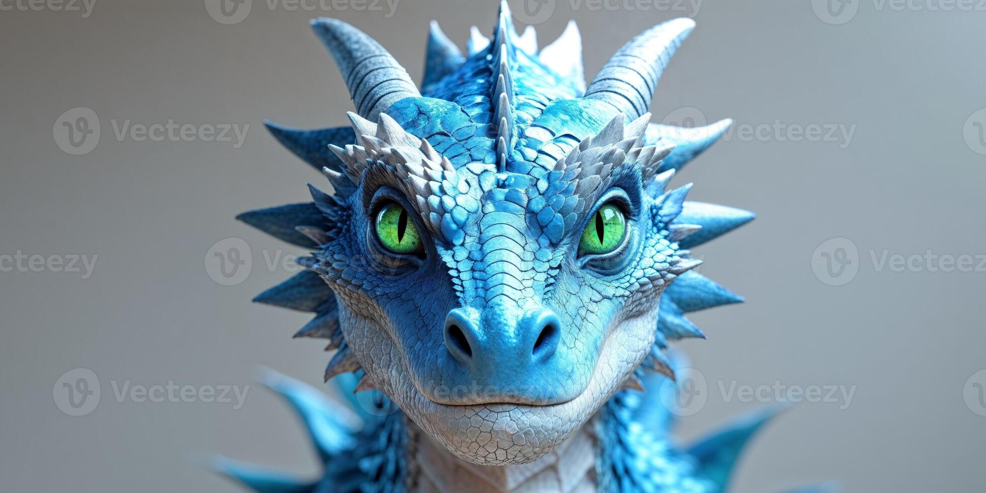 A dragon with a blue face and green eyes. photo