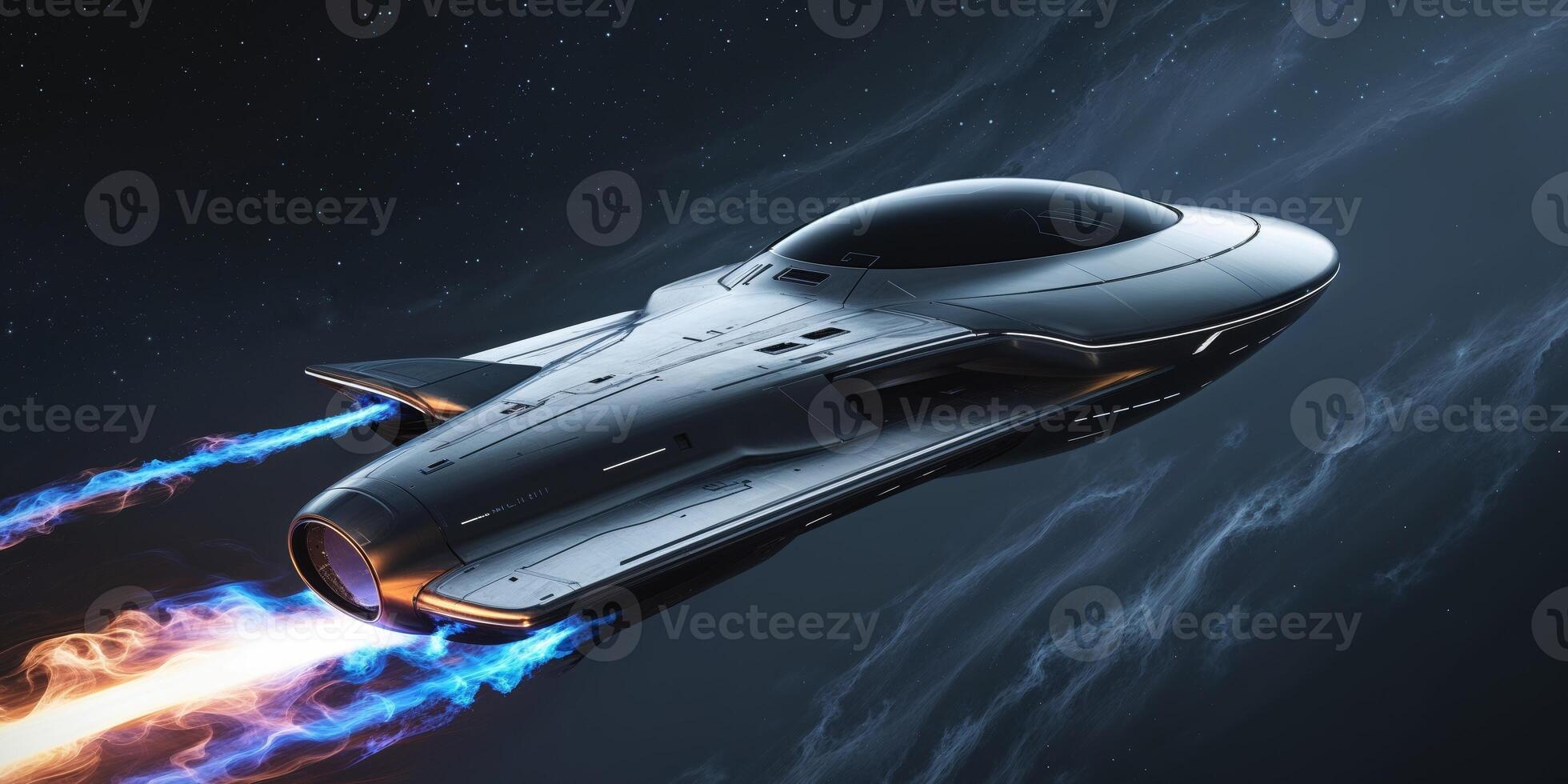 Futuristic spacecraft traveling through the cosmos with blazing propulsion. photo