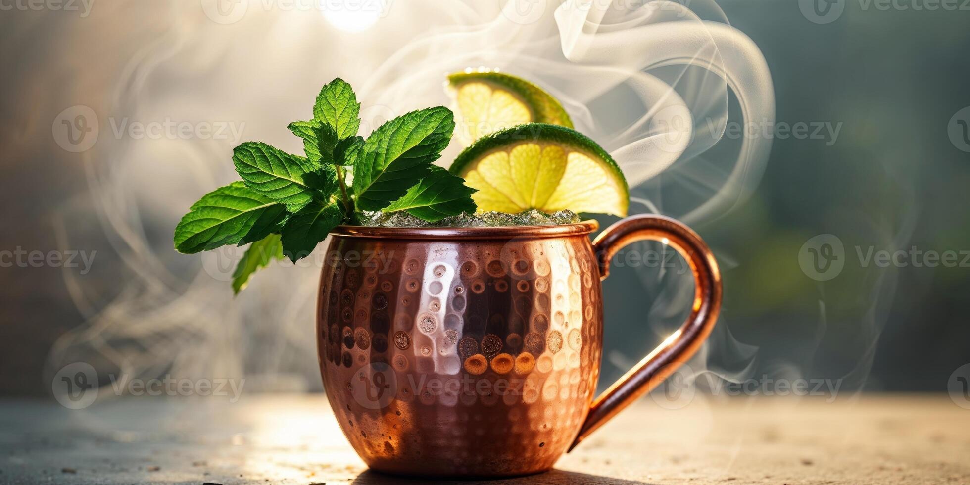Refreshing Copper Mug Filled with Lime and Mint Garnish in Sunlight. photo