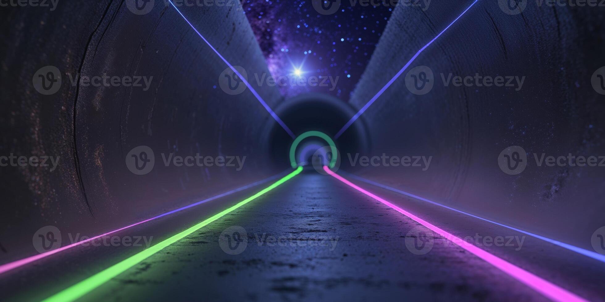 Illuminated Tunnel in Cosmic Space with Glowing Neon Pathways photo