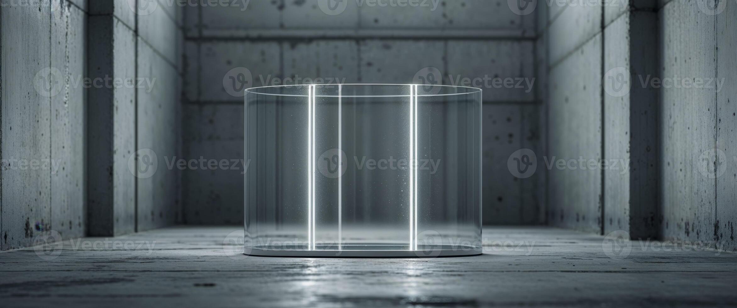 Illuminated cylindrical glass structure in an industrial concrete space photo