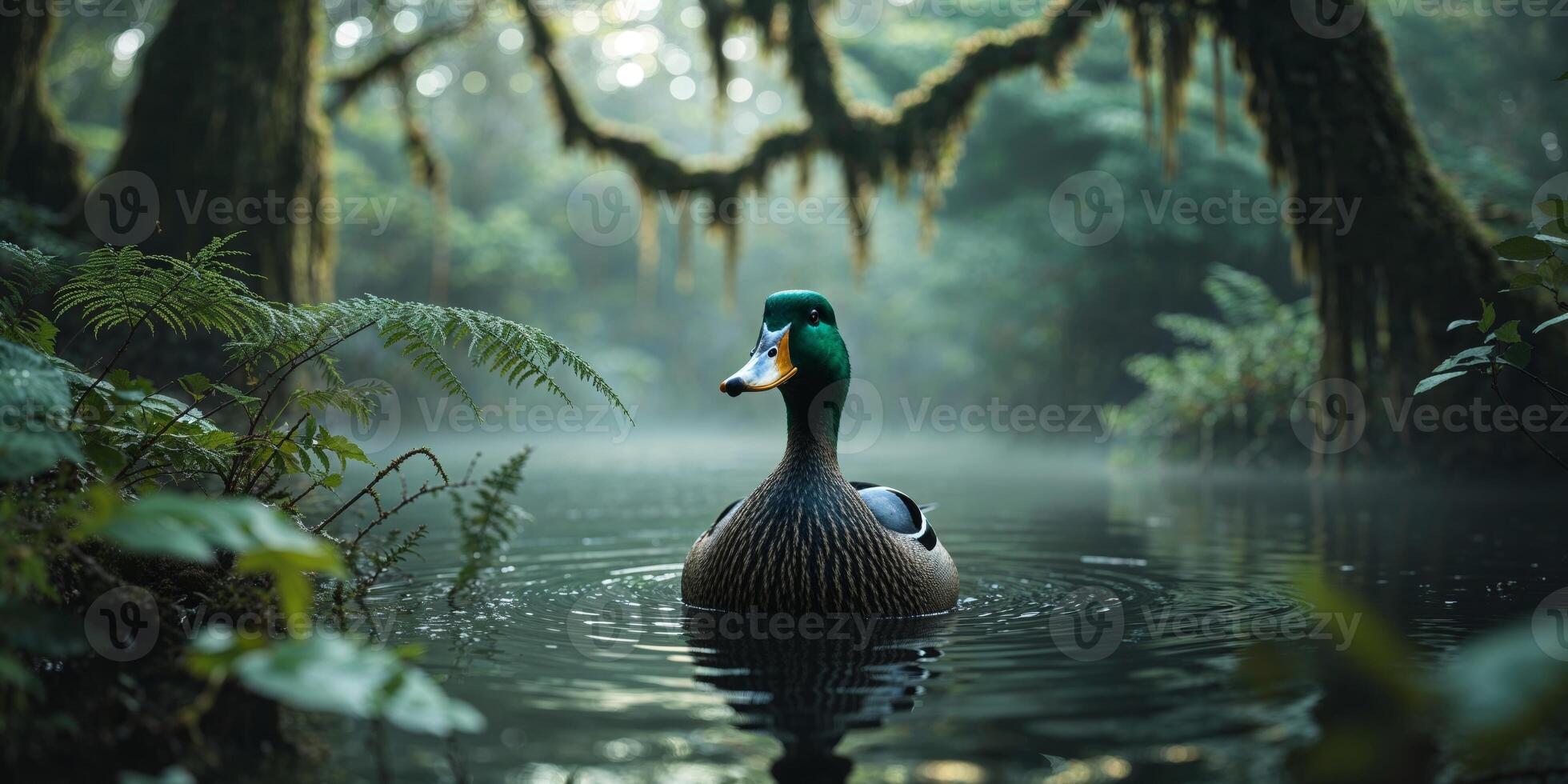 Mysterious Duck Emerging from Dark Water Amid Lush Foliage photo