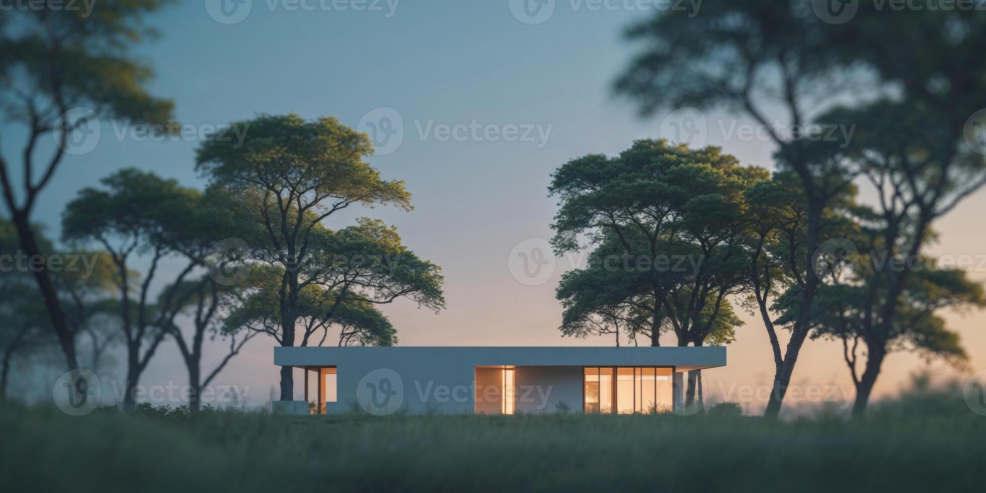 Modern house illuminated at dusk with tall trees in the background. photo