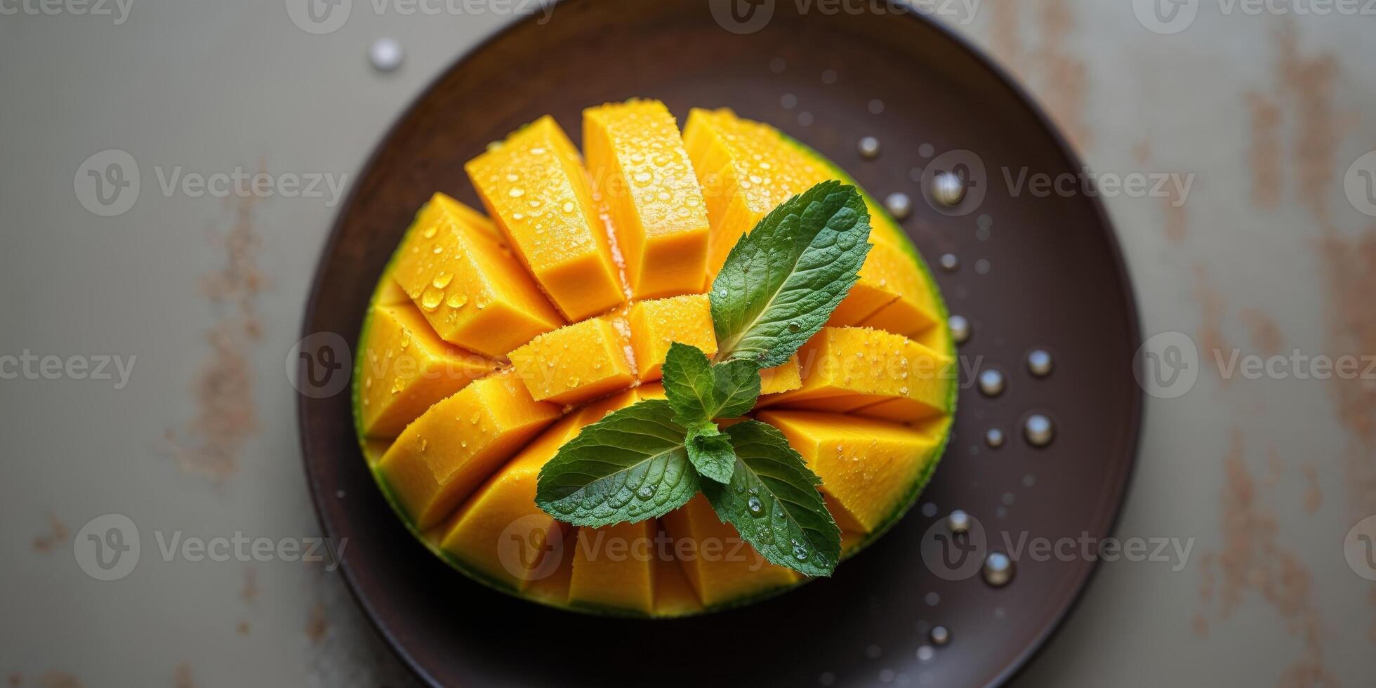 A mango is cut into slices on a plate photo