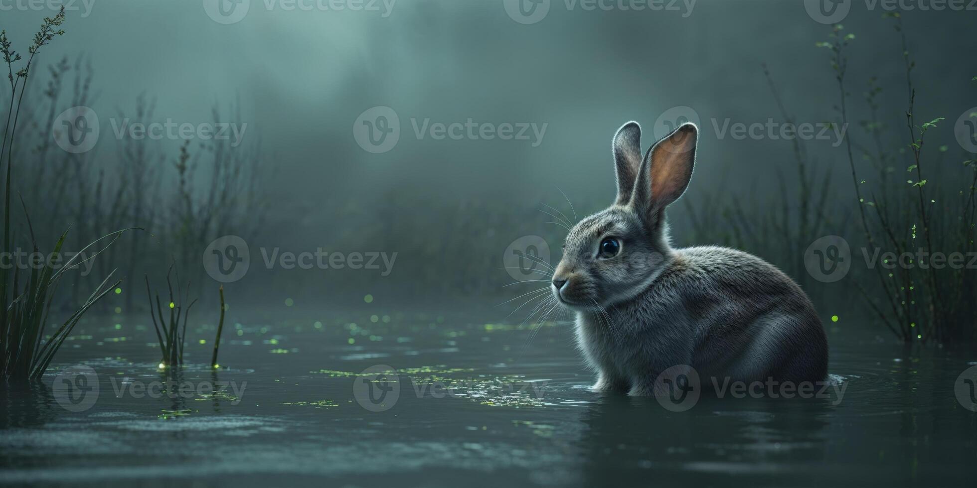 A rabbit is sitting in the water at night photo