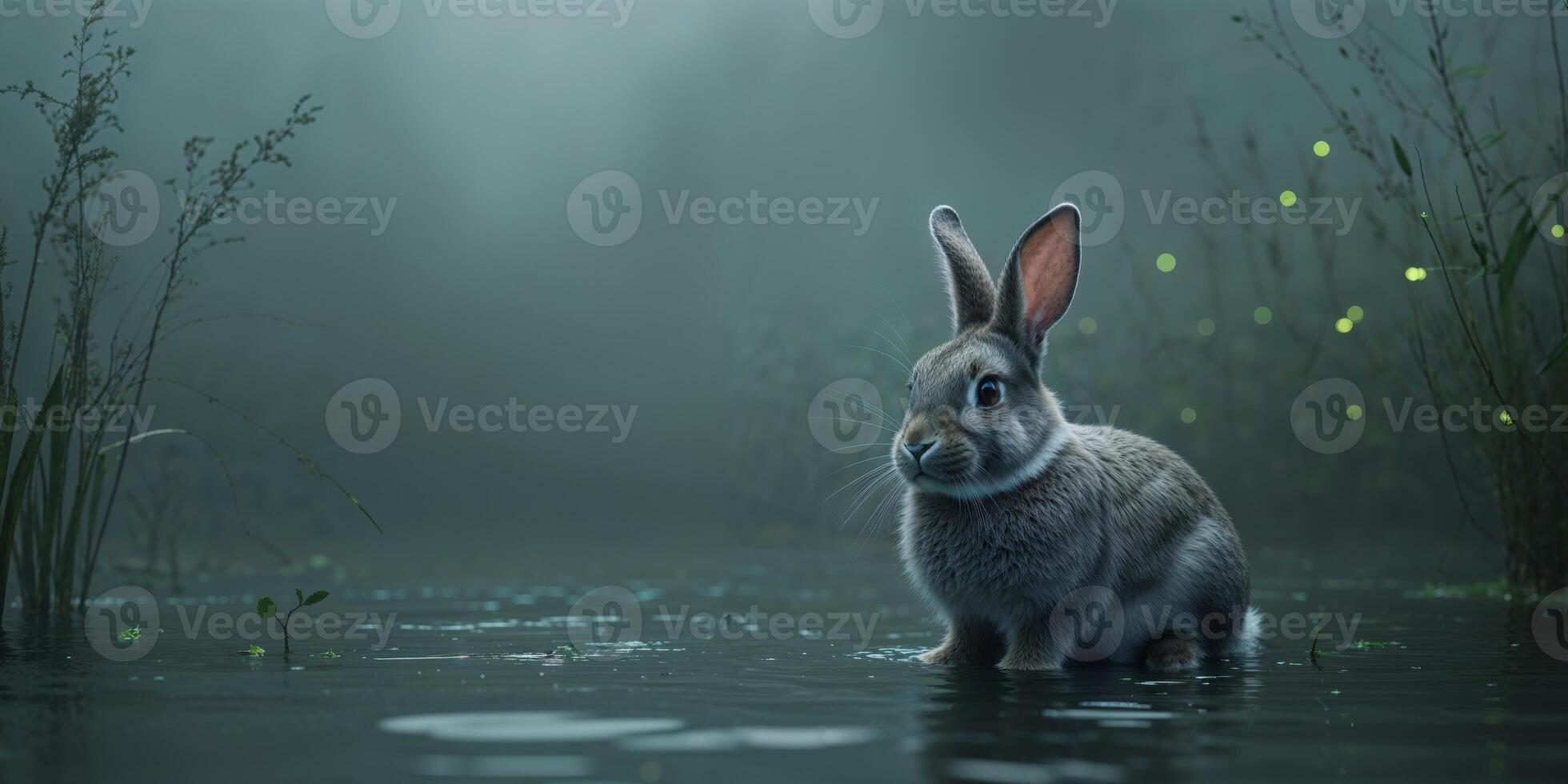 A rabbit is sitting in the water in the dark photo