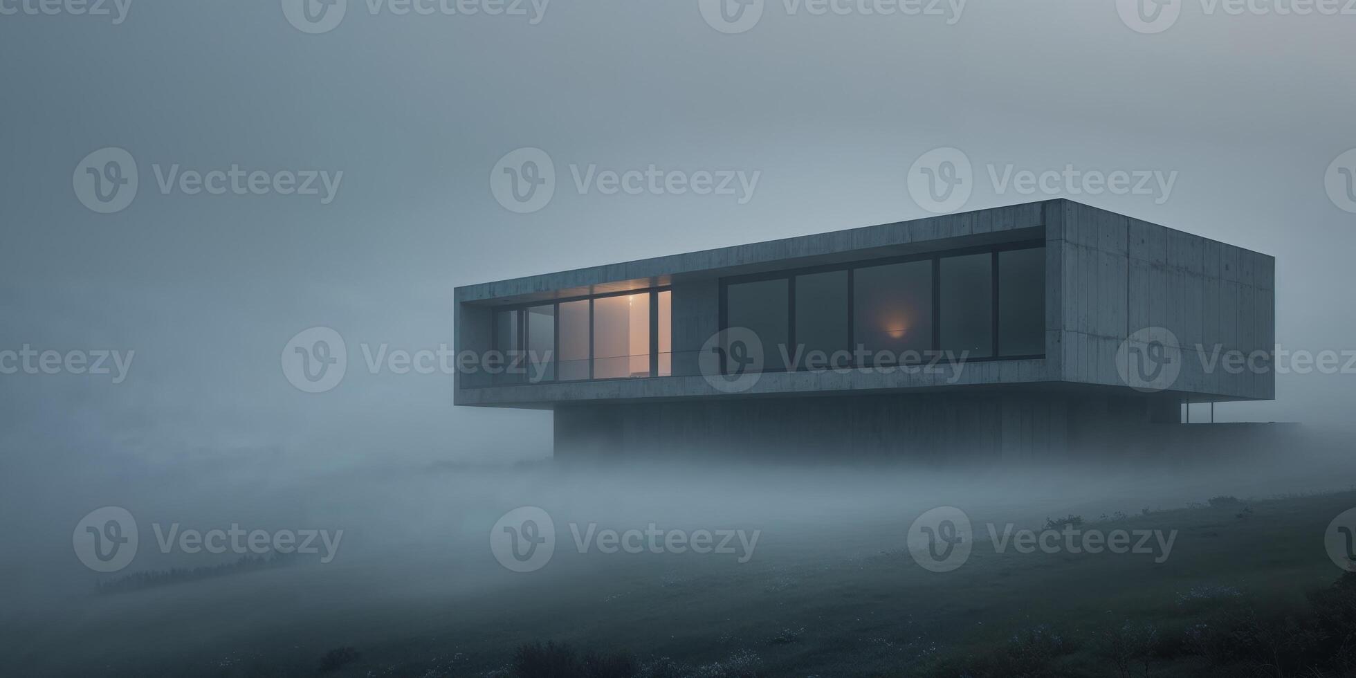 Modern concrete house with large windows amidst a foggy landscape in the early morning. photo