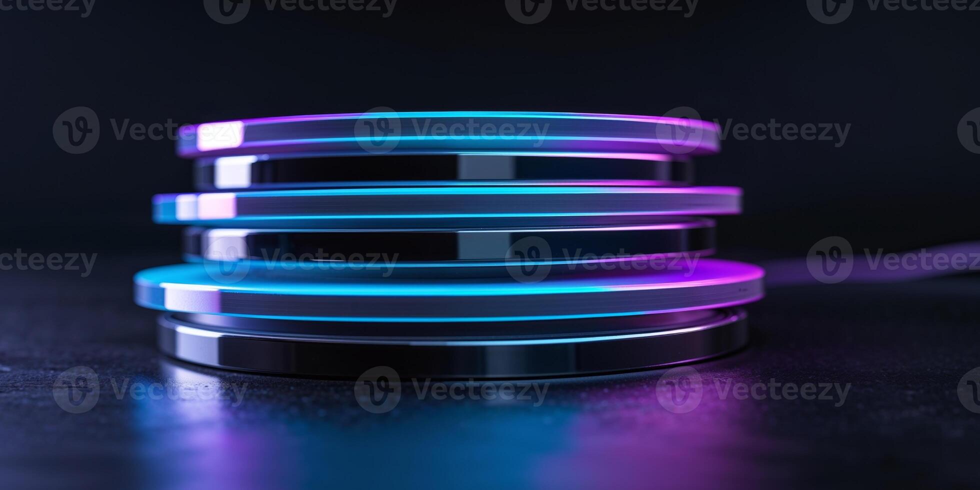 Neon glowing stack of futuristic data discs on dark background photo