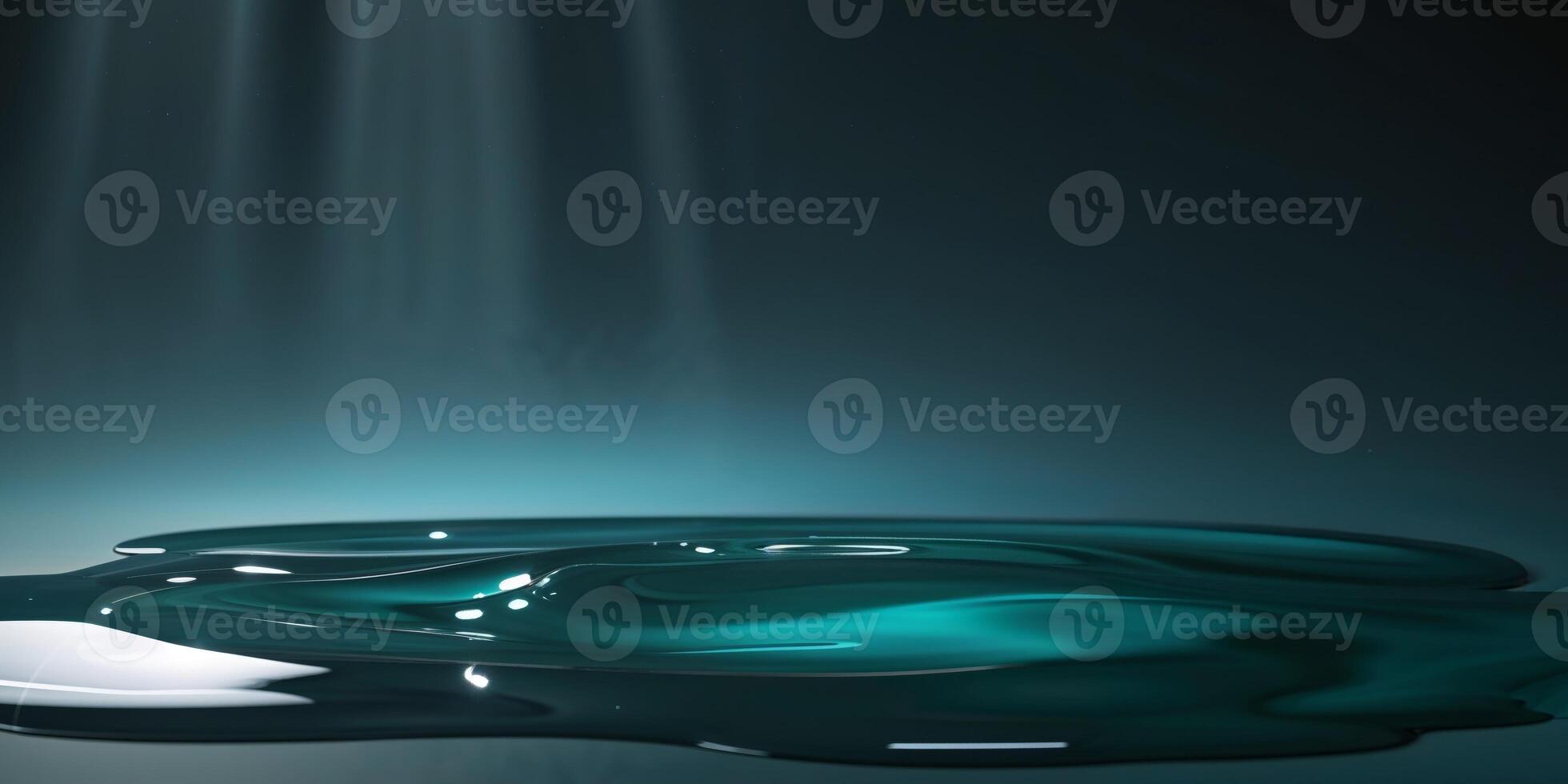 Dark Teal Mystical Liquid Scene with Reflective Surface and Light Beams. photo