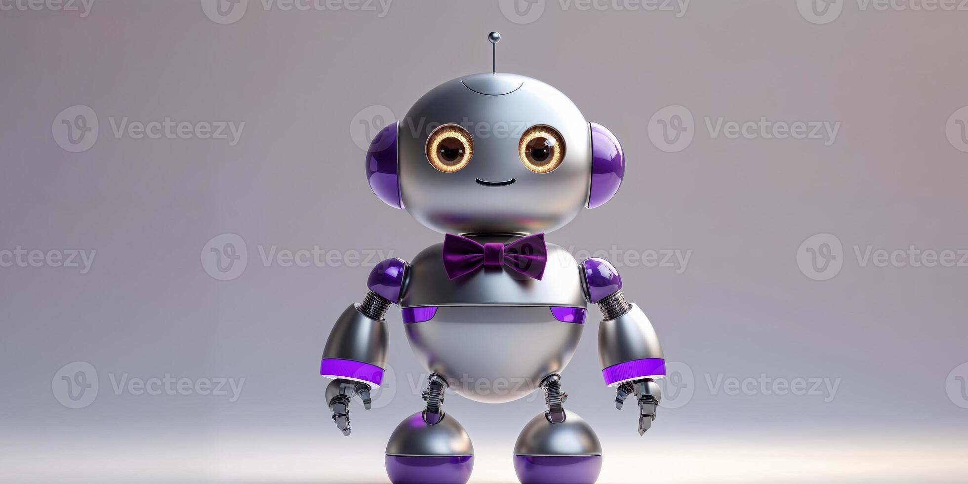 Cute futuristic robot with purple accents and bow tie on light background. photo