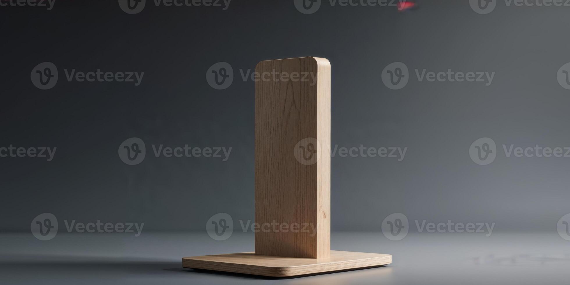 Natural Wooden Display Stand on Dark Background for Product Showcase. photo