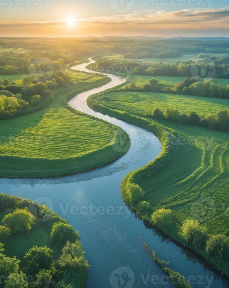 Serene aerial view of a meandering river flowing through lush green fields under a clear blue sky at sunrise photo