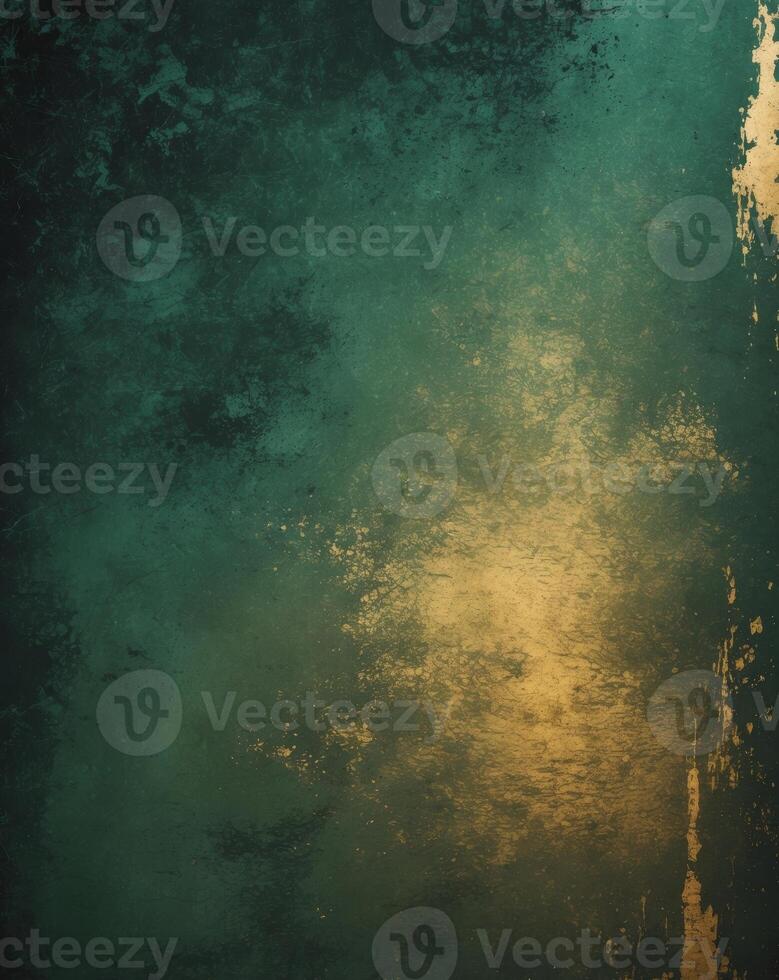 Distressed green and gold texture with dark gradient for dramatic effect and depth creating a vintage aesthetic perfect for backgrounds photo
