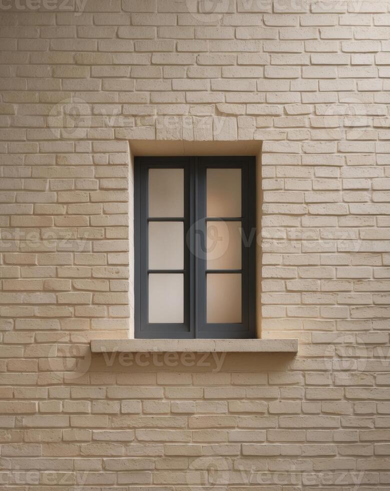 A brick wall with a small window in the middle photo