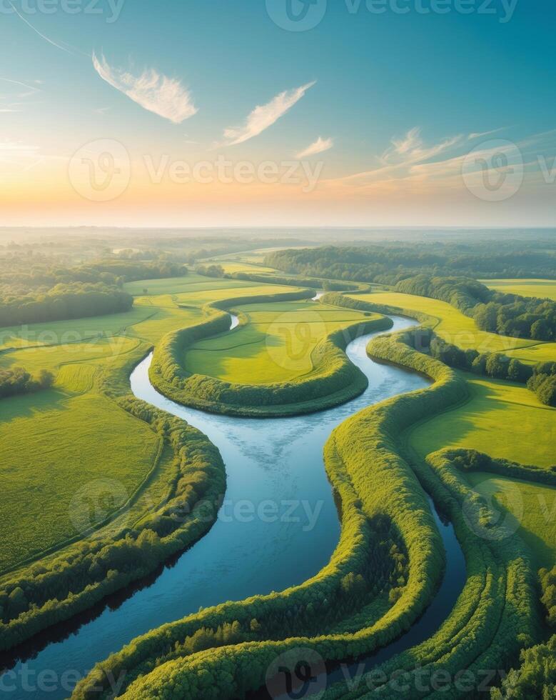 Serene aerial view of a meandering river flowing through lush green fields under a clear blue sky at sunrise. photo