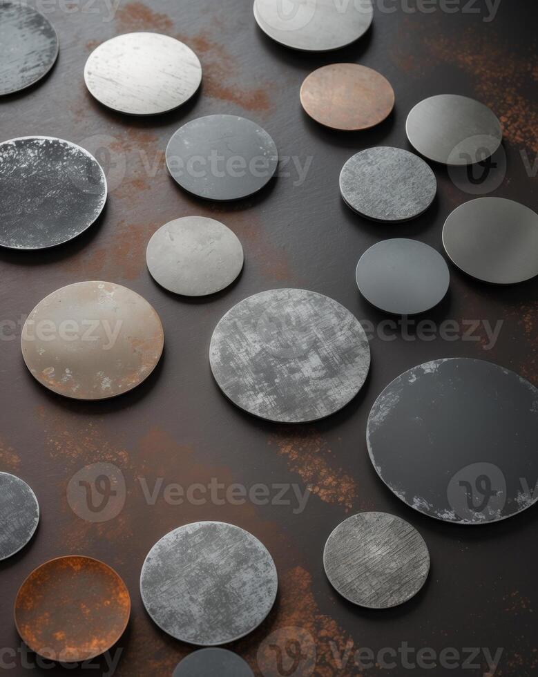 Assorted Round Metal Discs with Various Textures and Finishes Arranged on a Dark Rust Colored Surface in Overhead Shot photo