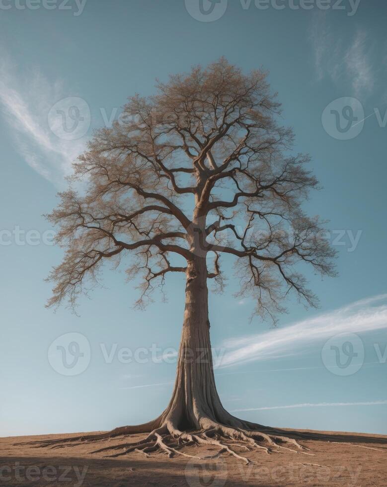 A tree with its roots in the ground and a blue sky photo