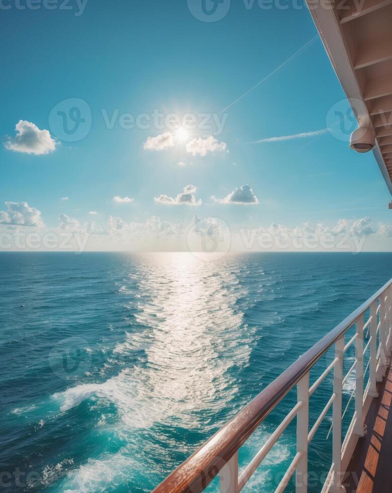 Tranquil Ocean View from Ship Deck Under Bright Blue Sky photo