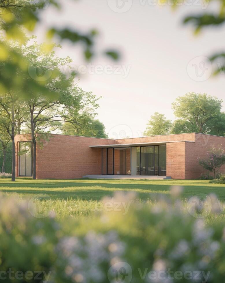 A modern brick home sits amidst a lush green landscape. photo