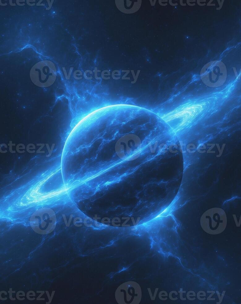 Glowing blue nebula planet cosmic energy space background. photo