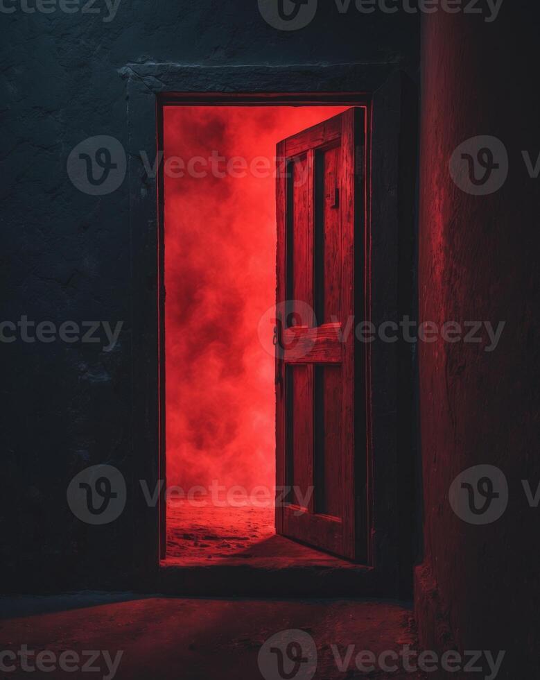 An open door in a dark room with smoke coming out of it photo