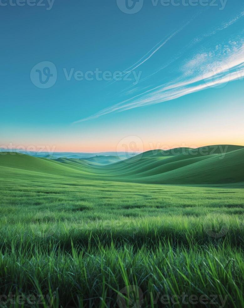 A green field with grass and hills at sunset photo