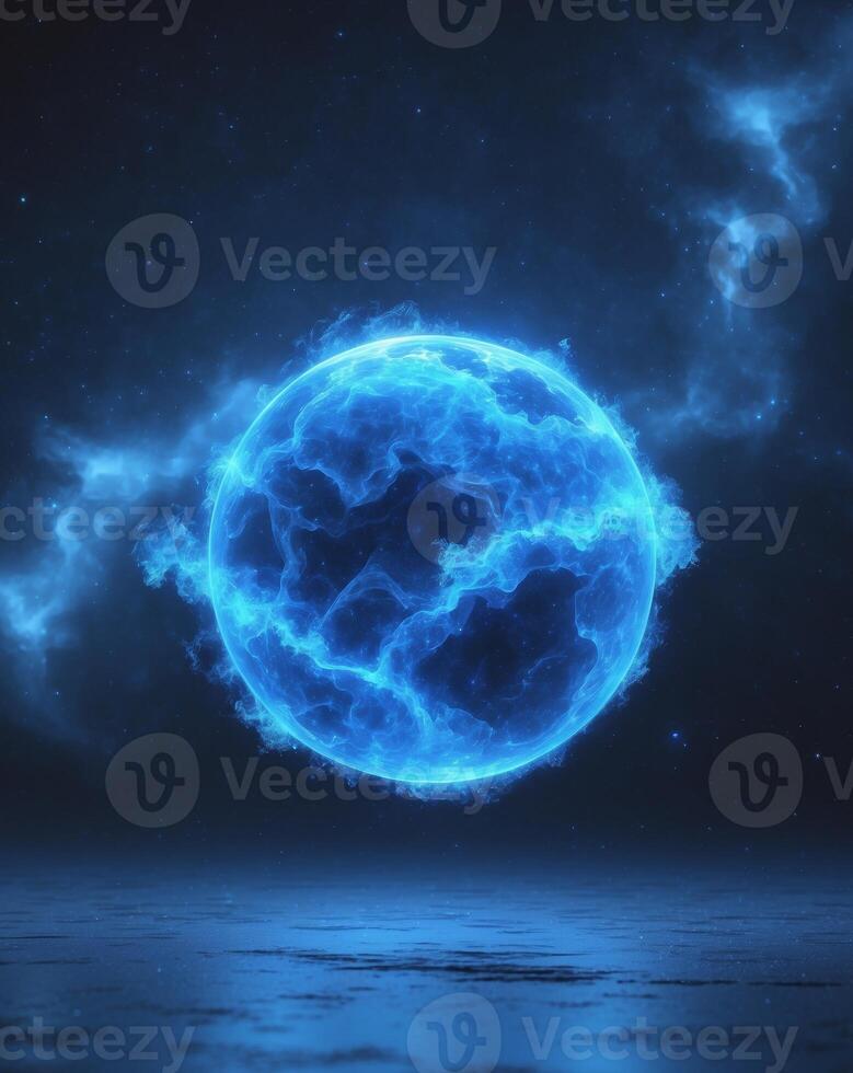 A blue sphere with a glowing light in the middle photo