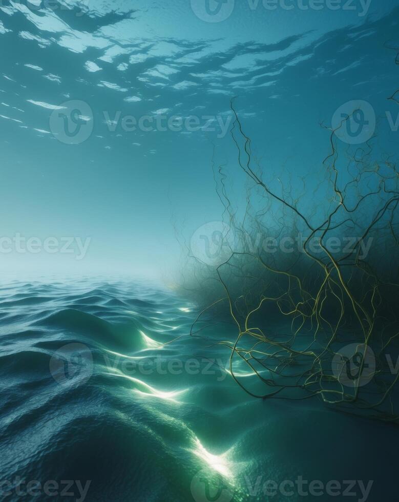 A scene of a tree underwater with sunlight photo