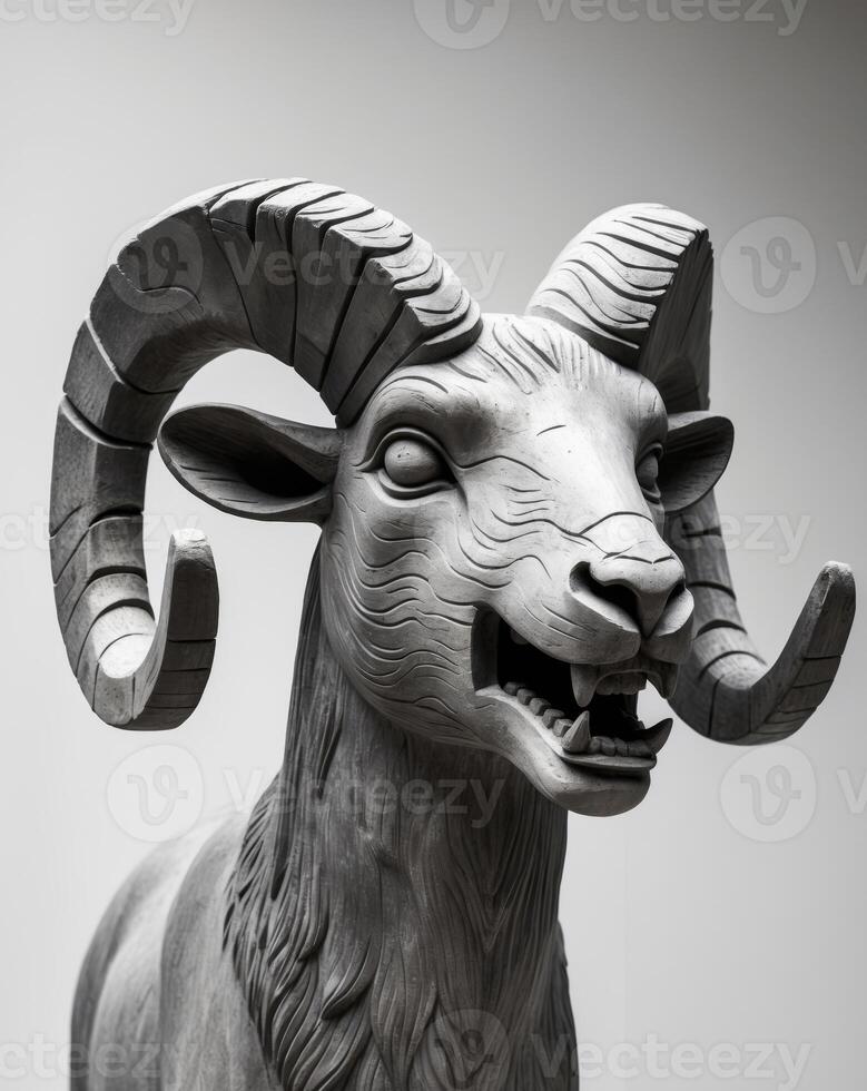 A statue of a ram with large horns photo