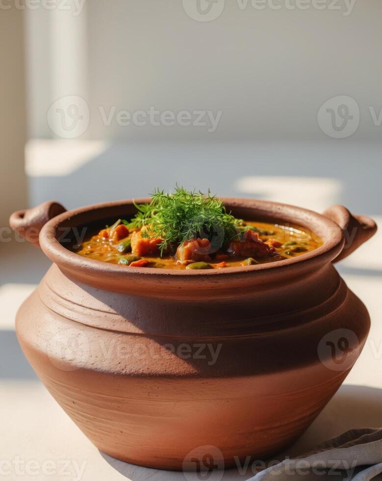 A clay pot filled with a vegetable and sauce photo