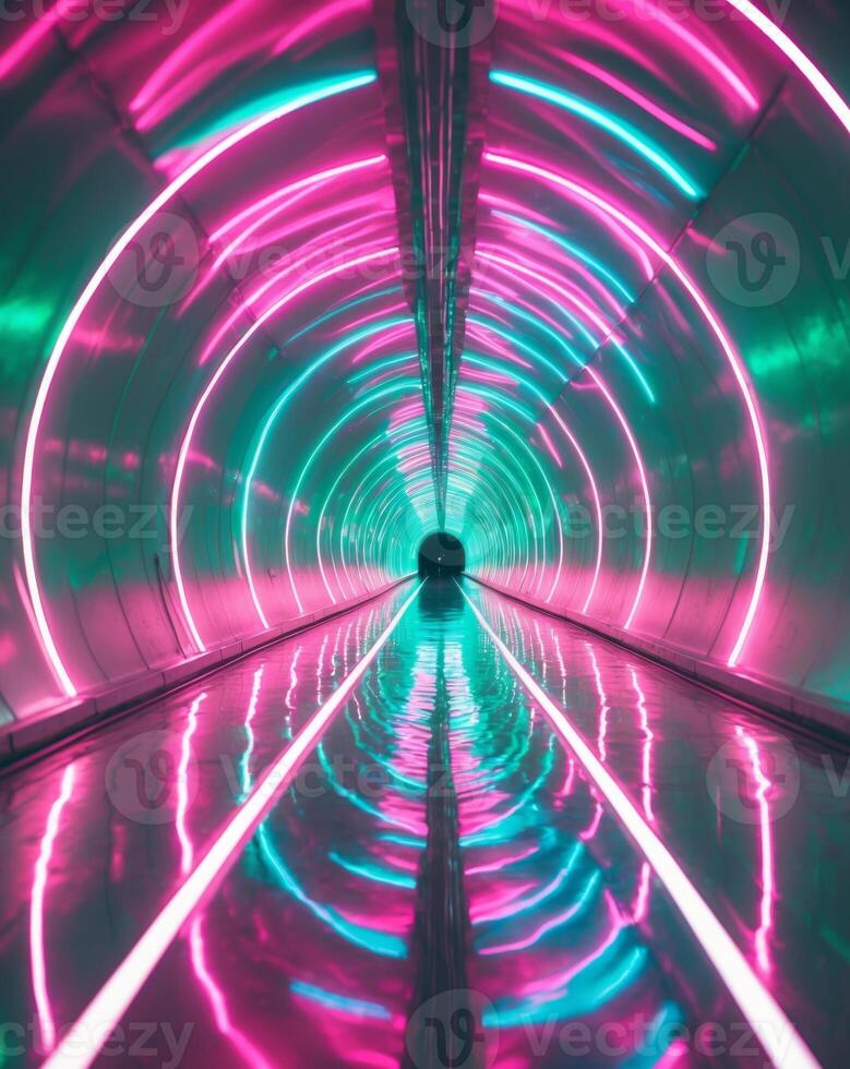Futuristic Neon Tunnel with Glowing Lights and Reflective Floor. photo