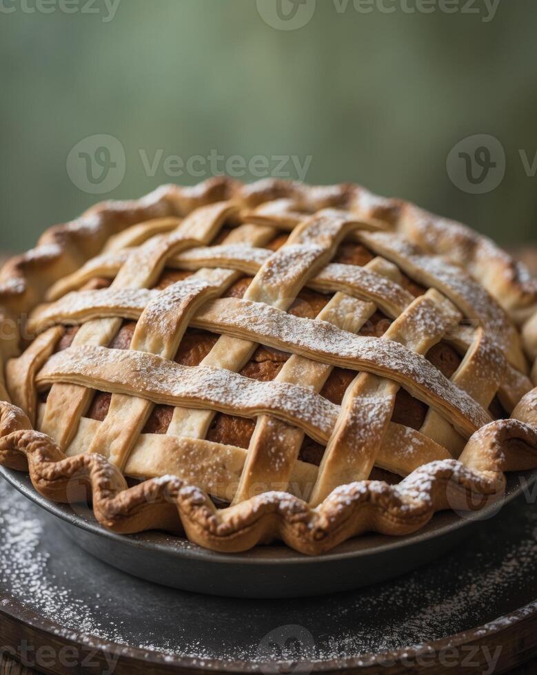Freshly Baked Pie with Lattice Crust and Powdered Sugar on Wooden Tray Surrounded by Blurred Green Background Perfect for Fall and Recipes. photo