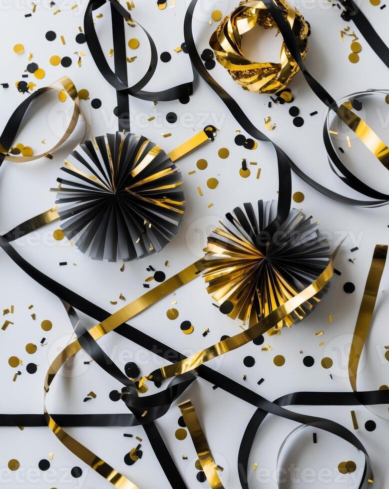 New Year Party Aerial View Shiny Black Gold Streamers Confetti Celebration Decor photo