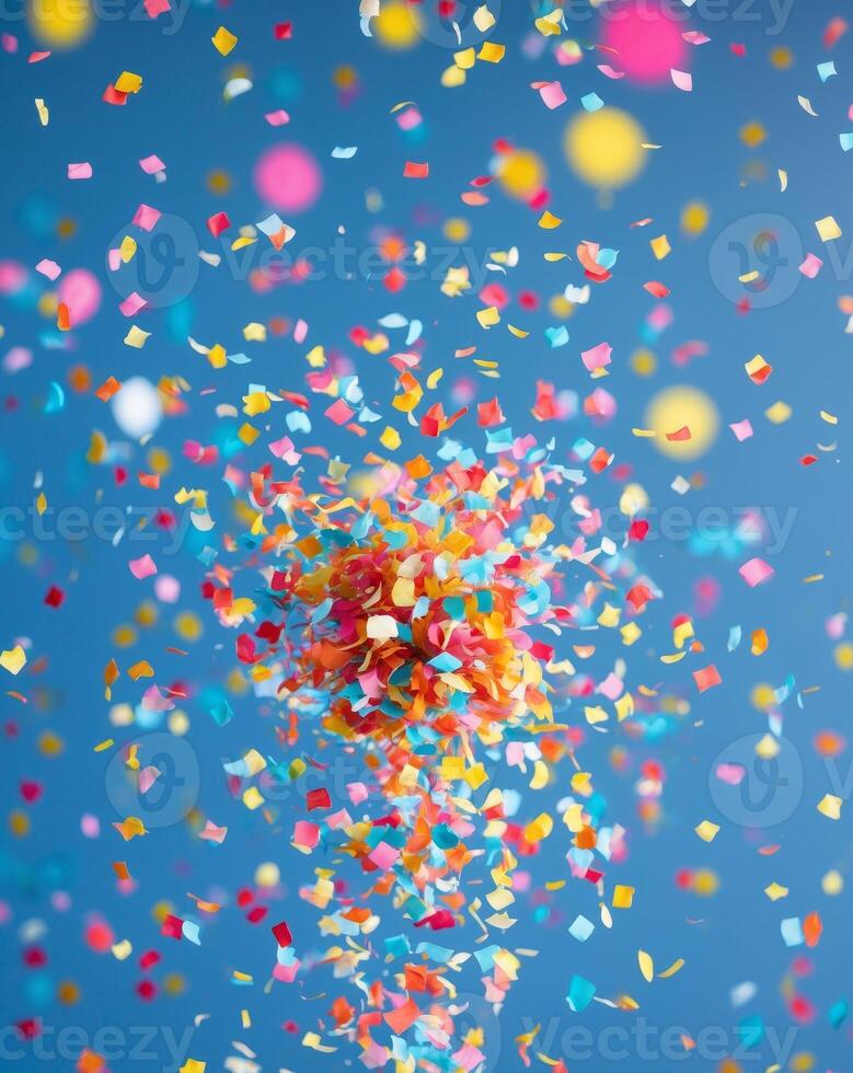 Colorful Confetti Falling Blue Background Celebration Party Success photo