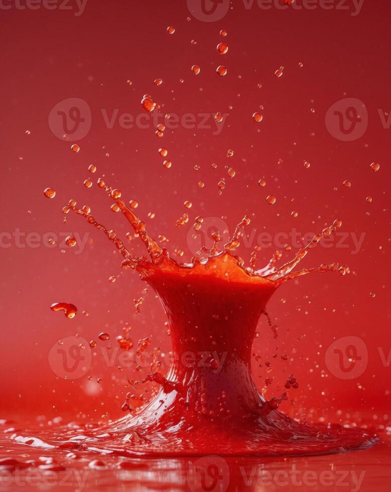 Dynamic Red Tomato Juice Splash on Red Background photo